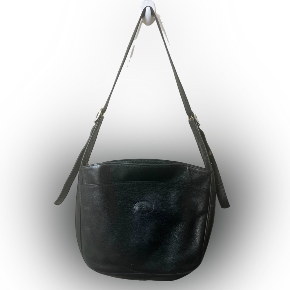 Vtg Longchamp Midnight Black Pebble Leather Adjustable Strap Crossbody Bag